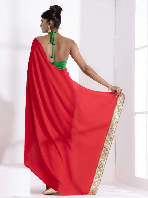 Dhiyona ST Jungle Red Korean Saree with Green Lace and Green Posh Blouse
