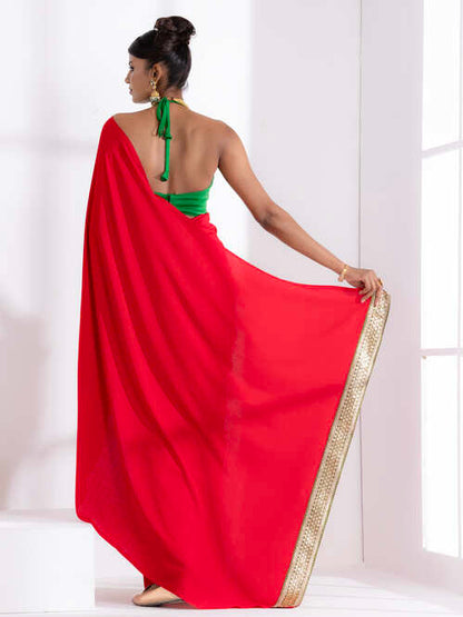 Dhiyona ST Jungle Red Korean Saree with Green Lace and Green Posh Blouse