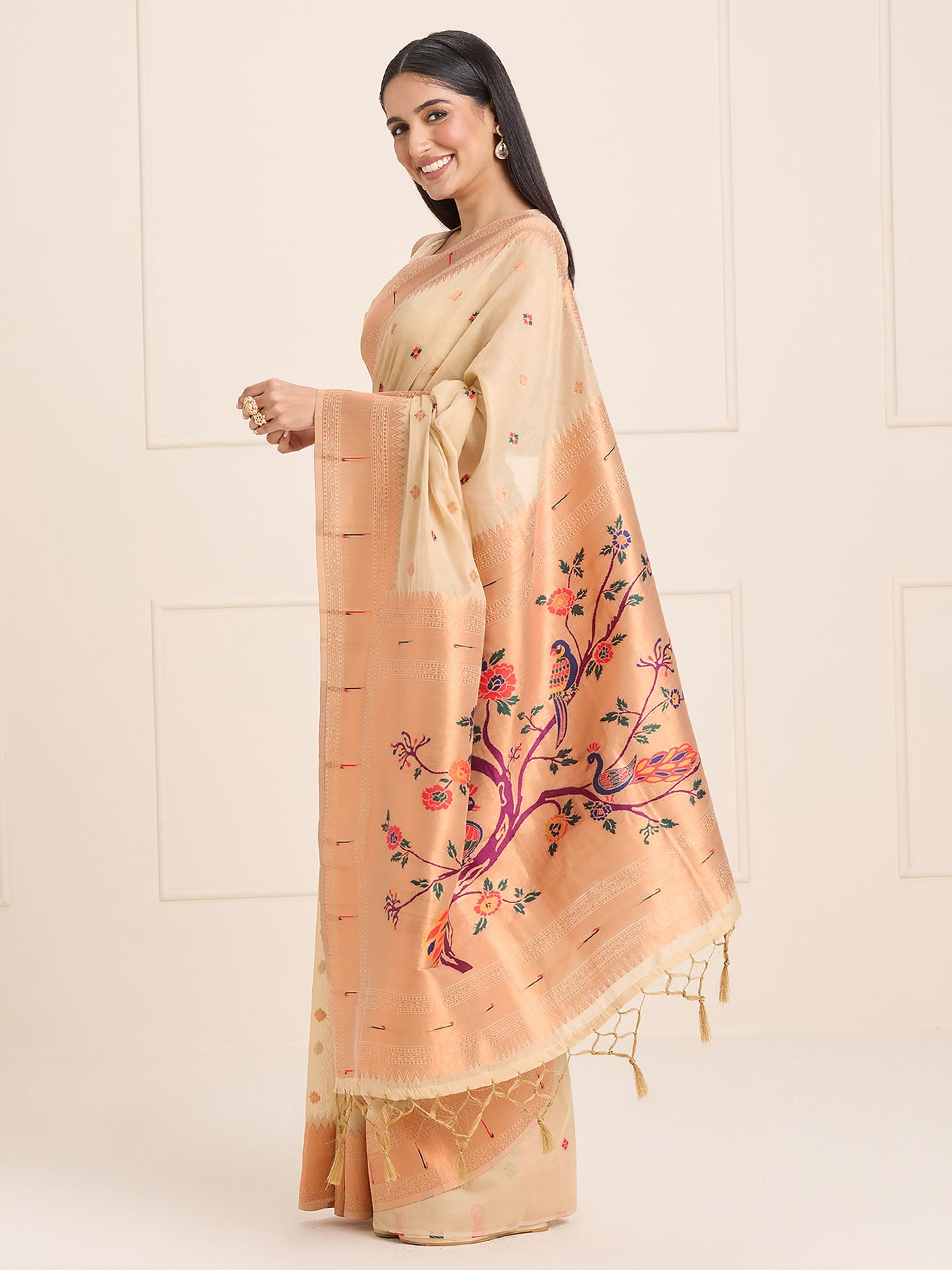 Women's Silk Blend Cream Woven Design Designer Saree With Blouse Piece