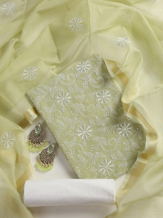 Dhiyona ST 3 pc Unstitched SET -Sage Kota Doria Flower Embroidered Kurta with Dupatta and Cotton Pyjama