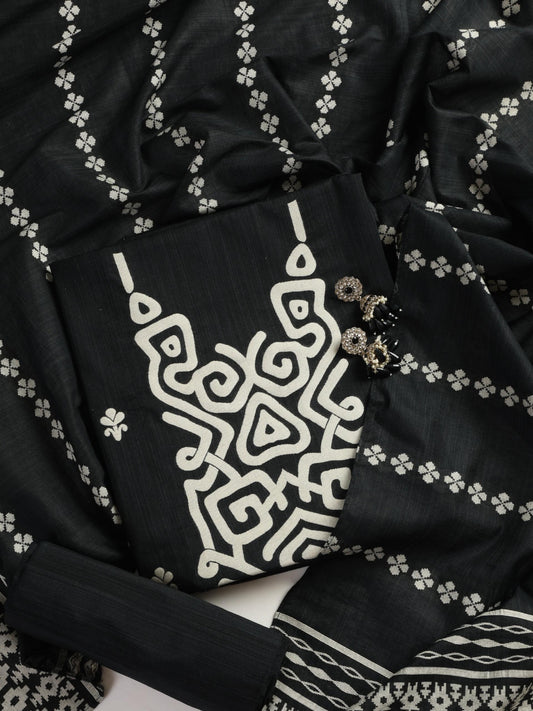 Dhiyona ST 3 pc Unstitched Suit SET - Black Cotton Silk Jacquard Kurta with Heavy Dupatta and Pyjama