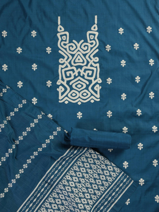 Dhiyona ST 3 pc Unstitched Suit SET - Blue Cotton Silk Jacquard Kurta with Heavy Dupatta and Pyjama