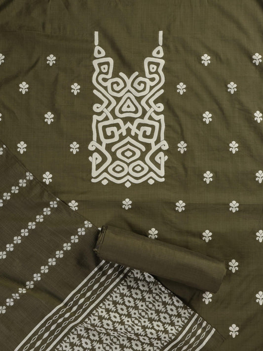 Dhiyona ST 3 pc Unstitched Suit SET - Olive Cotton Silk Jacquard Kurta with Heavy Dupatta and Pyjama