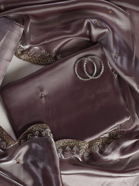 Dhiyona ST 3 pc Unstitched Suit SET - Mauve Organza Satin Kurta and Pyjama with Beads all over and Dupatta with Heavy Hand Beading