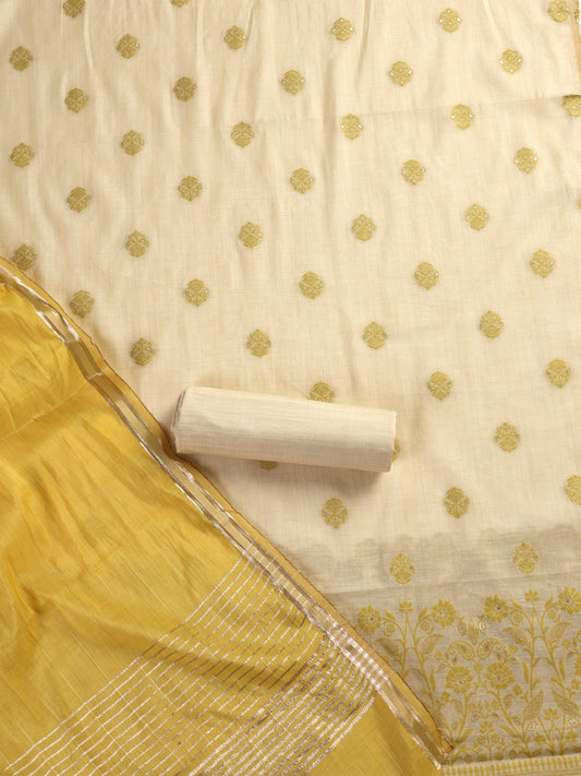 Dhiyona ST 3 pc Unstitched Suit SET - Lime Yellow Jacquard Paisley Kurta with Zari Dupatta and Pyjama