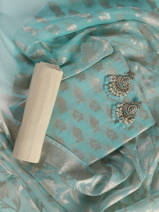 Dhiyona ST 3 pc Unstitched SET -Blue Kota Chanderi Jaquard Kurta with Heavy Dupatta and Silk Pyjama