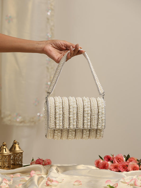 Dhiyona ST Pearl Silver Beaded Clutch Bag
