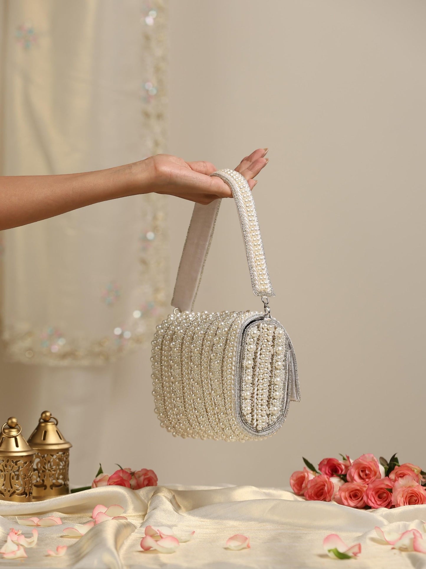 Dhiyona ST Pearl Silver Beaded Clutch Bag