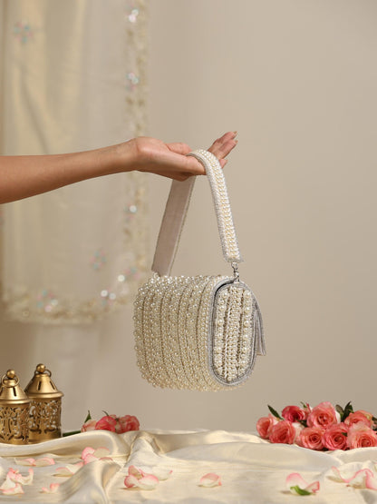 Dhiyona ST Pearl Silver Beaded Clutch Bag