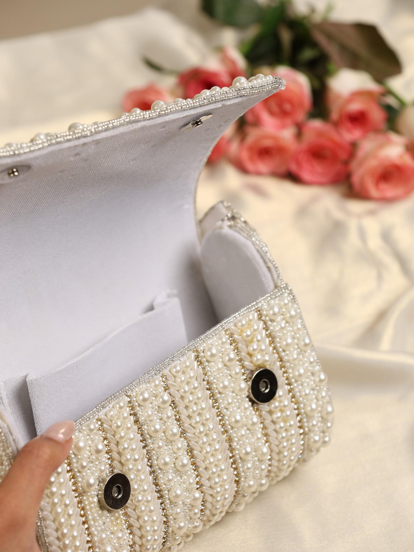 Dhiyona ST Pearl Silver Beaded Clutch Bag