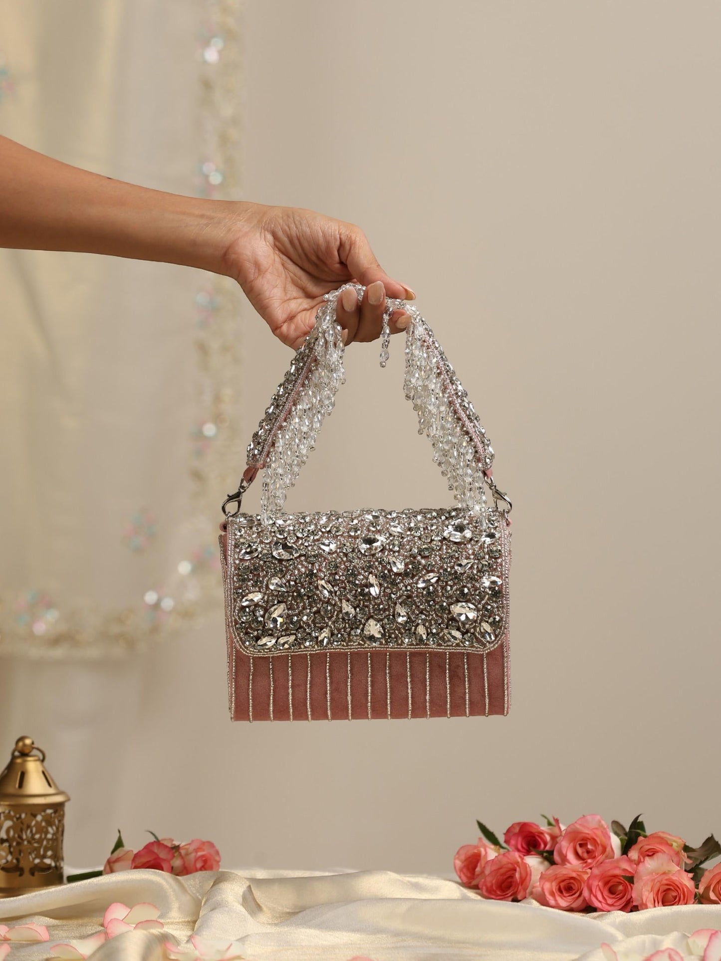 Dhiyona ST Beaded Silver and Pink Clutch Bag