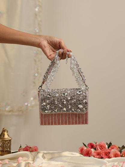 Dhiyona ST Beaded Silver and Pink Clutch Bag
