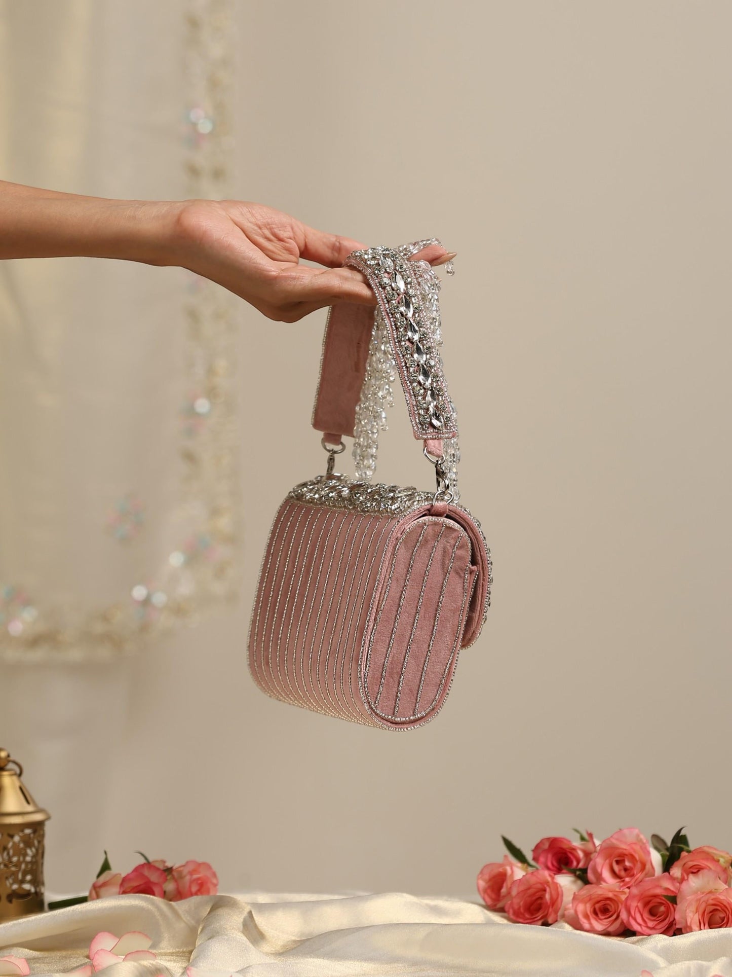 Dhiyona ST Beaded Silver and Pink Clutch Bag