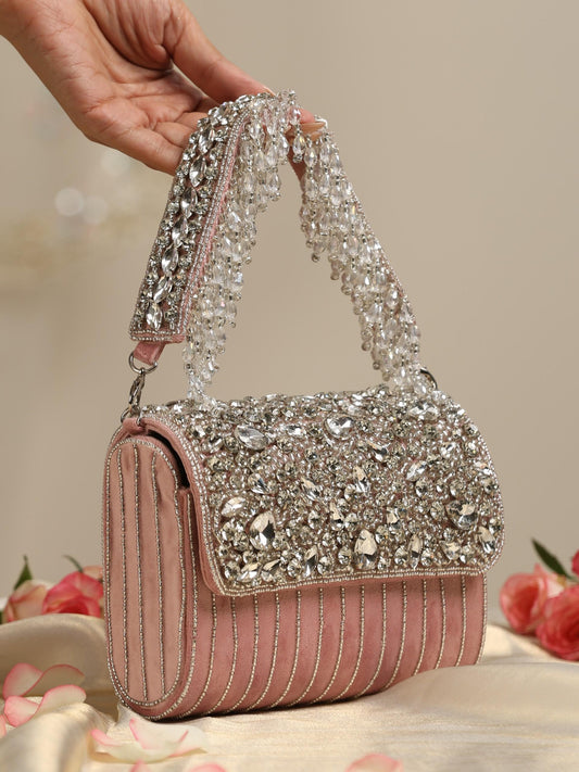 Dhiyona ST Beaded Silver and Pink Clutch Bag