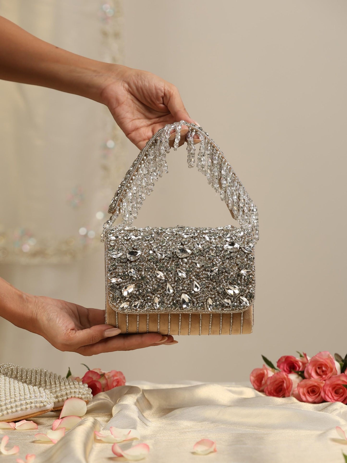 Dhiyona ST Beaded Silver and Fawn Clutch Bag