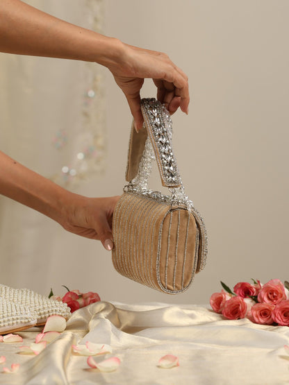 Dhiyona ST Beaded Silver and Fawn Clutch Bag