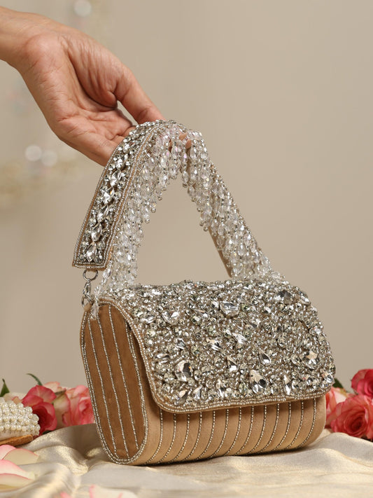 Dhiyona ST Beaded Silver and Fawn Clutch Bag