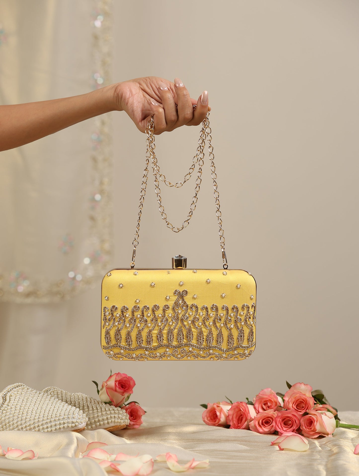 Dhiyona ST Yellow Metal Bag with Pearls