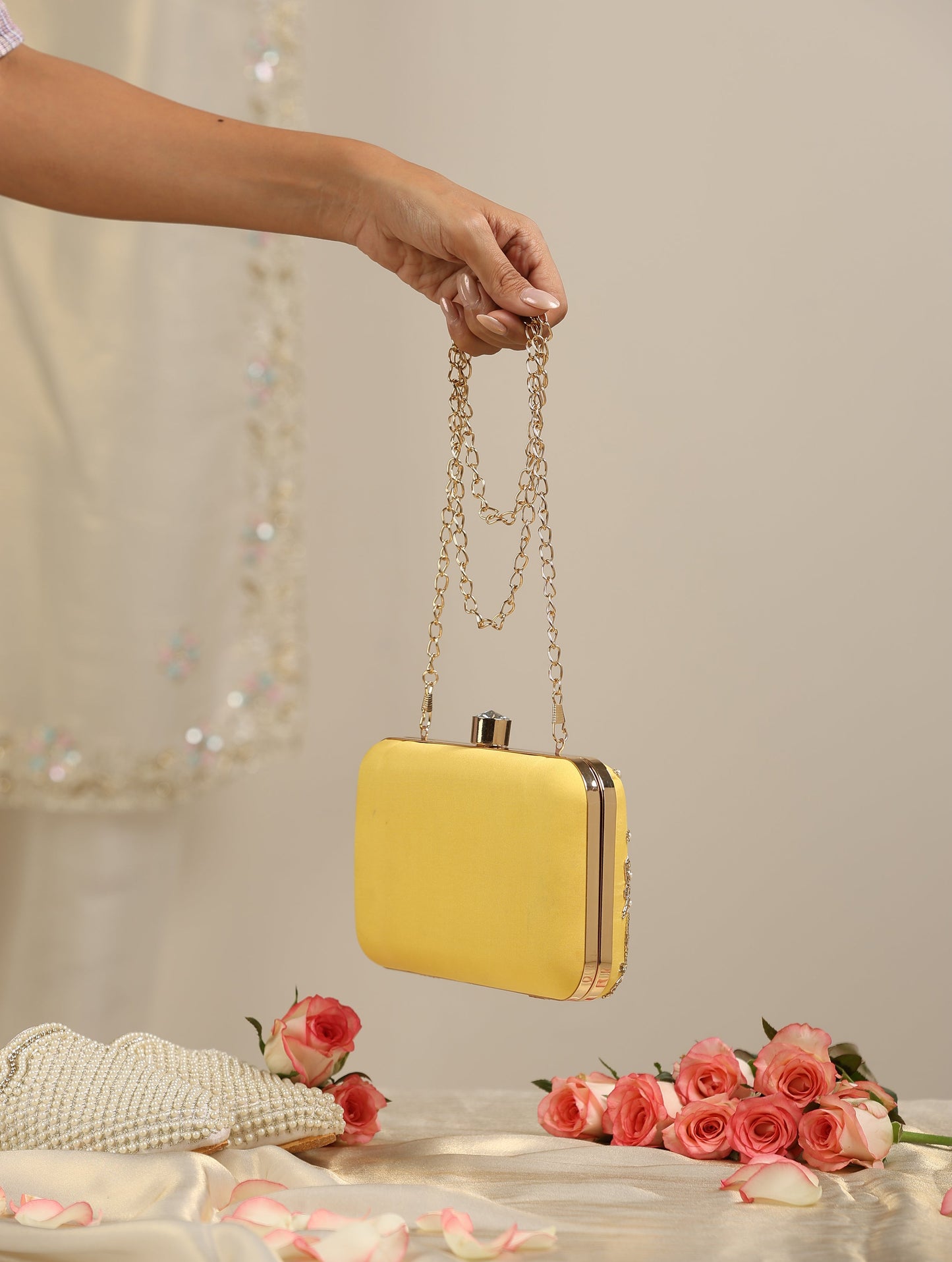 Dhiyona ST Yellow Metal Bag with Pearls