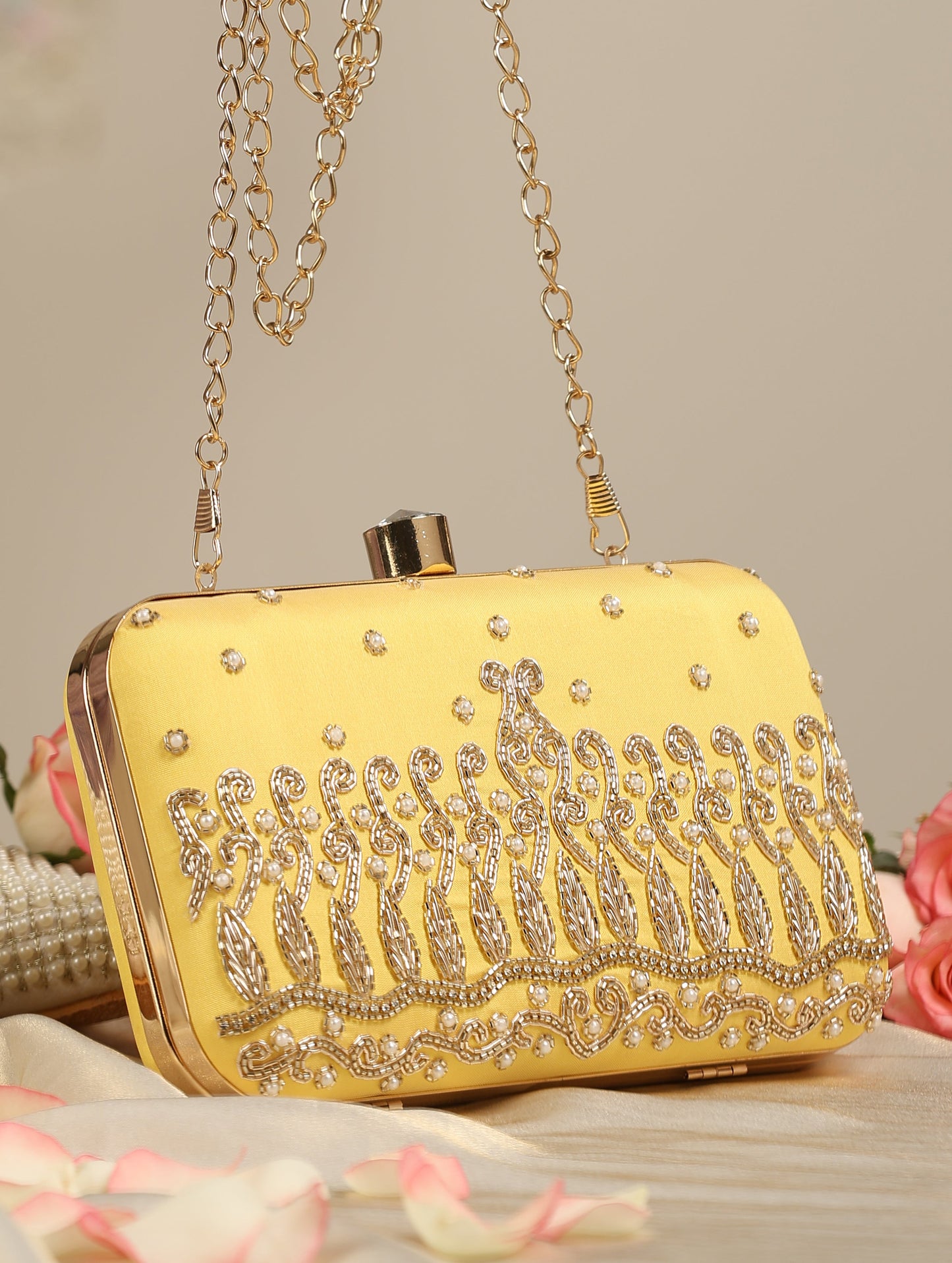 Dhiyona ST Yellow Metal Bag with Pearls