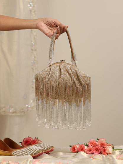 Dhiyona ST Gold and White Long Beaded Clutch Bag