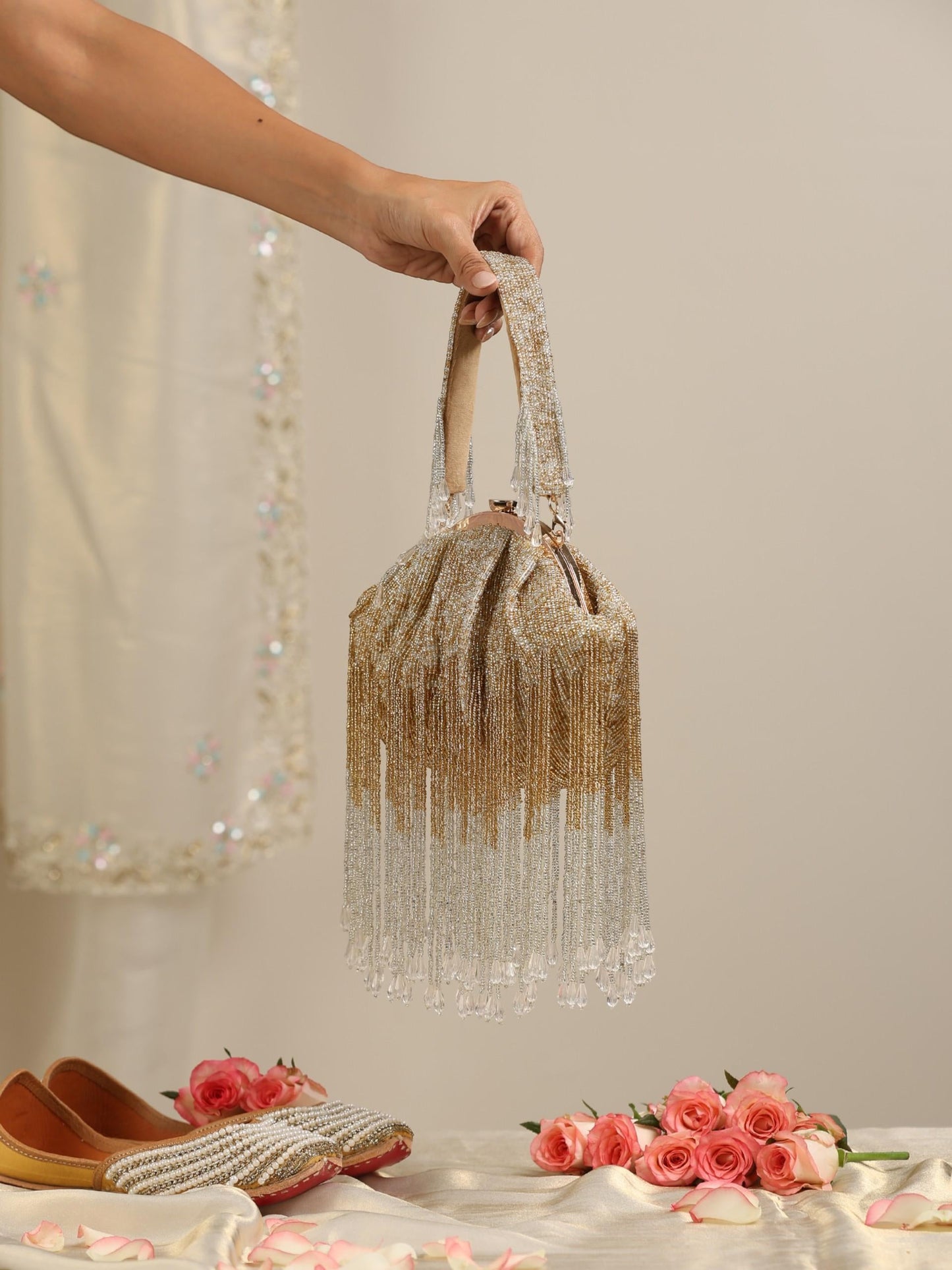 Dhiyona ST Gold and White Long Beaded Clutch Bag