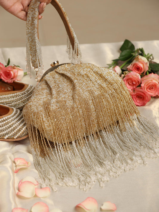 Dhiyona ST Gold and White Long Beaded Clutch Bag