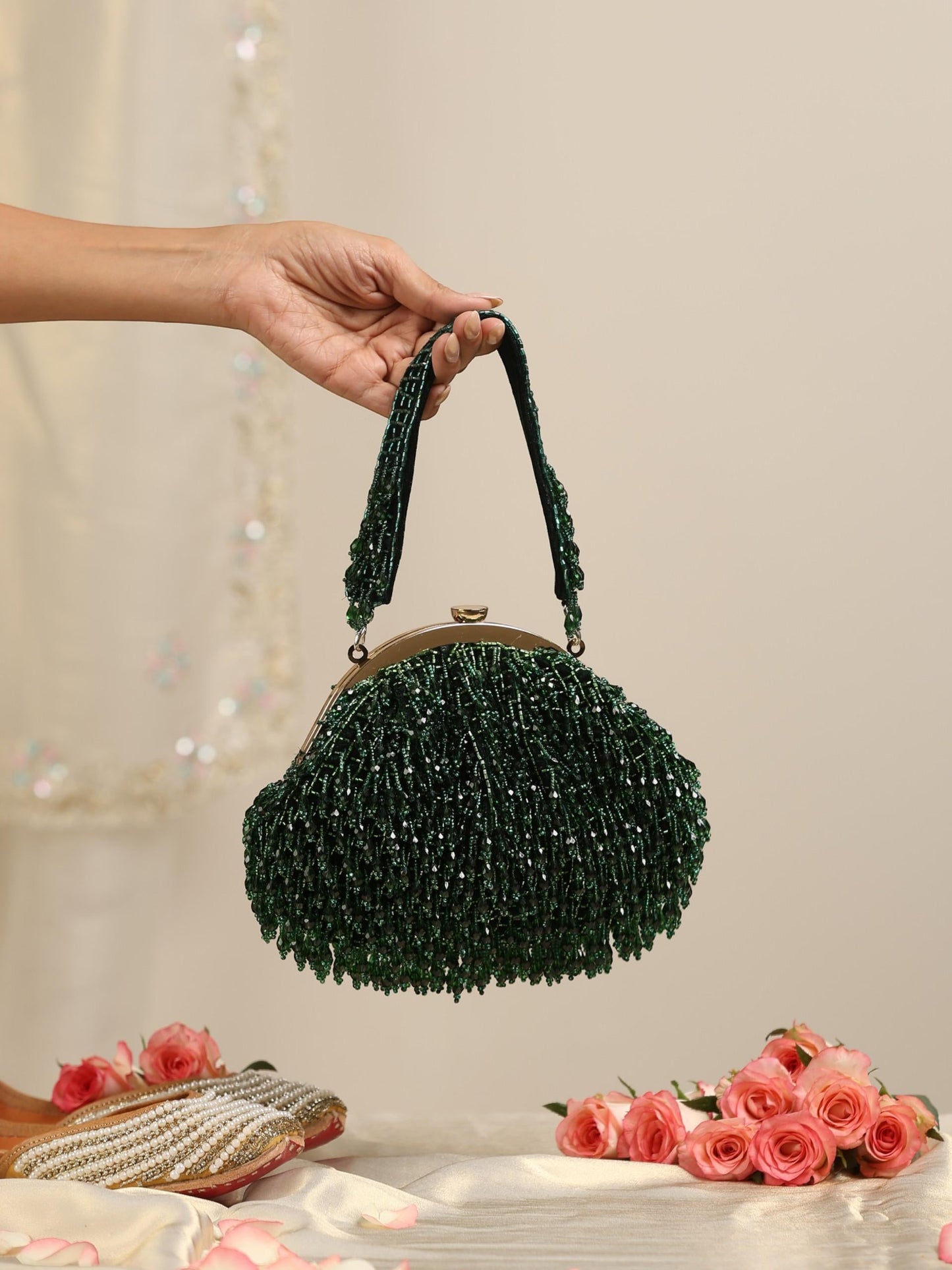 Dhiyona ST Beaded Emerald Green Clutch Bag