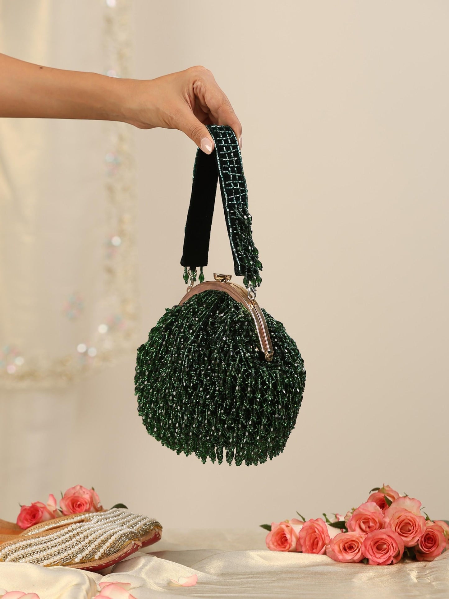 Dhiyona ST Beaded Emerald Green Clutch Bag