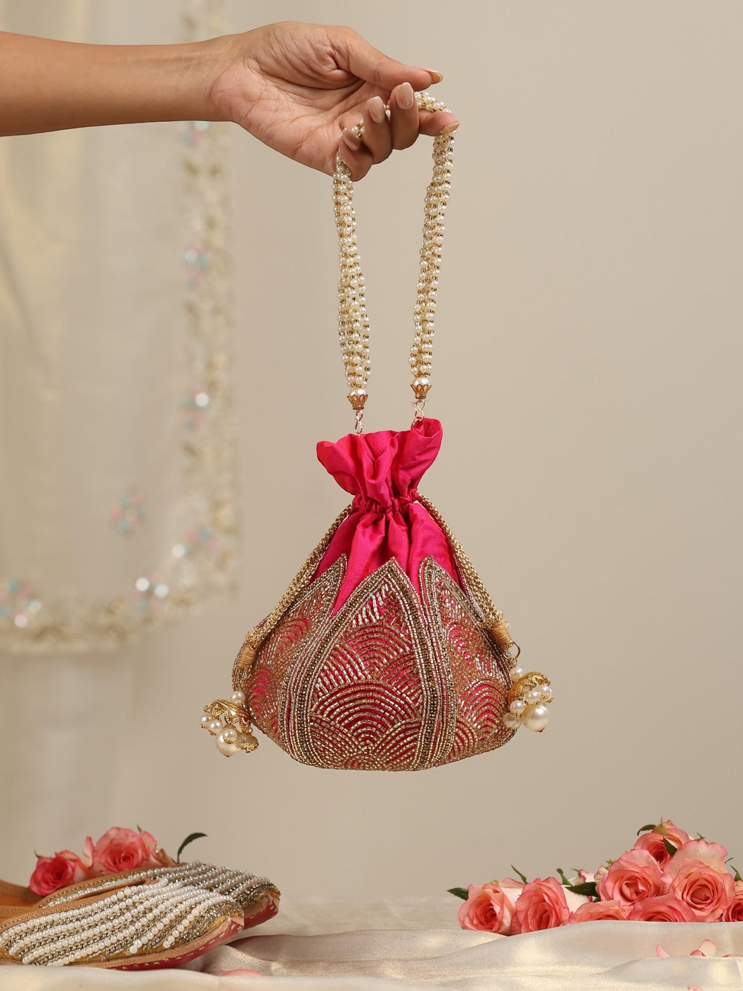 Dhiyona ST Fuchsia Embroidered Lotus Potli Bag