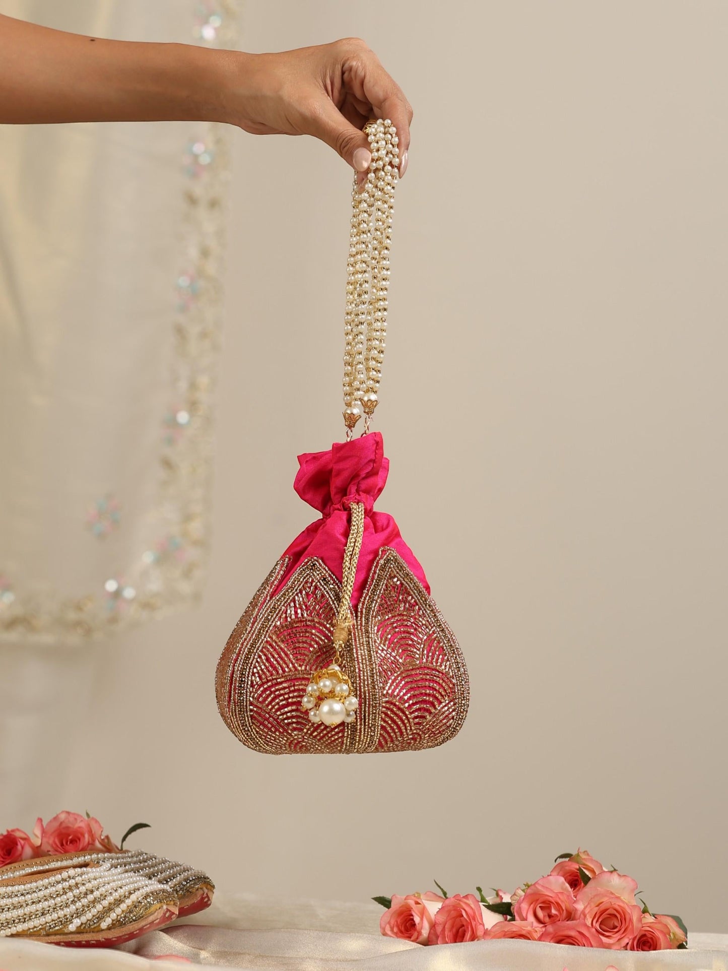 Dhiyona ST Fuchsia Embroidered Lotus Potli Bag