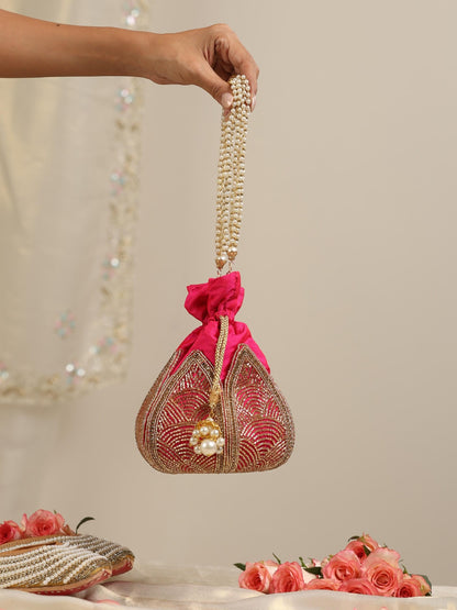 Dhiyona ST Fuchsia Embroidered Lotus Potli Bag