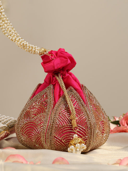 Dhiyona ST Fuchsia Embroidered Lotus Potli Bag