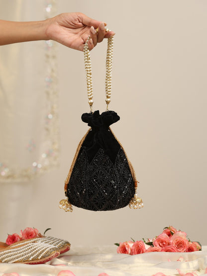 Dhiyona ST Black on Black Embroidered Lotus Potli Bag