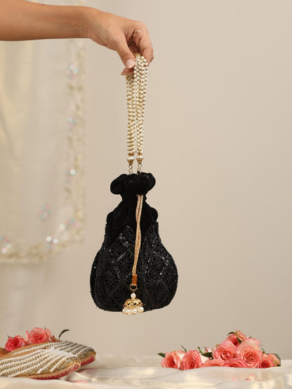 Dhiyona ST Black on Black Embroidered Lotus Potli Bag