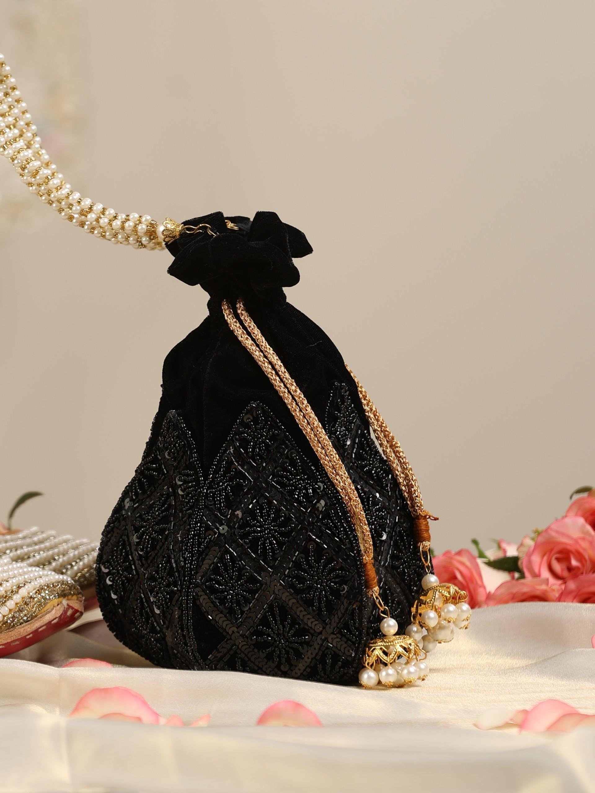 Dhiyona ST Black on Black Embroidered Lotus Potli Bag