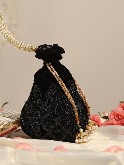 Dhiyona ST Black on Black Embroidered Lotus Potli Bag
