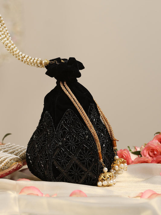 Dhiyona ST Black on Black Embroidered Lotus Potli Bag