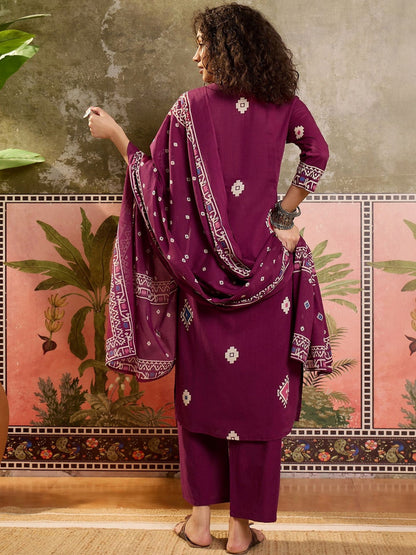 Printed Cotton V-Neck Kurta & Trousers With Dupatta