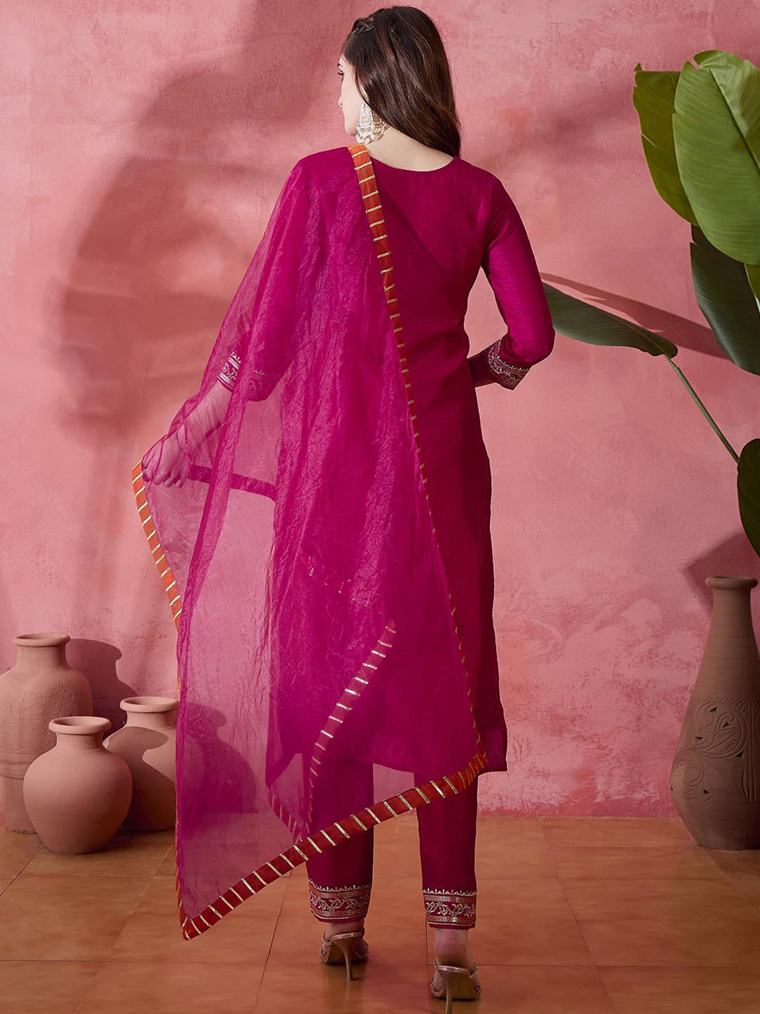 Pink Floral Embroidered Round Neck Straight Kurta With Trousers And Dupatta