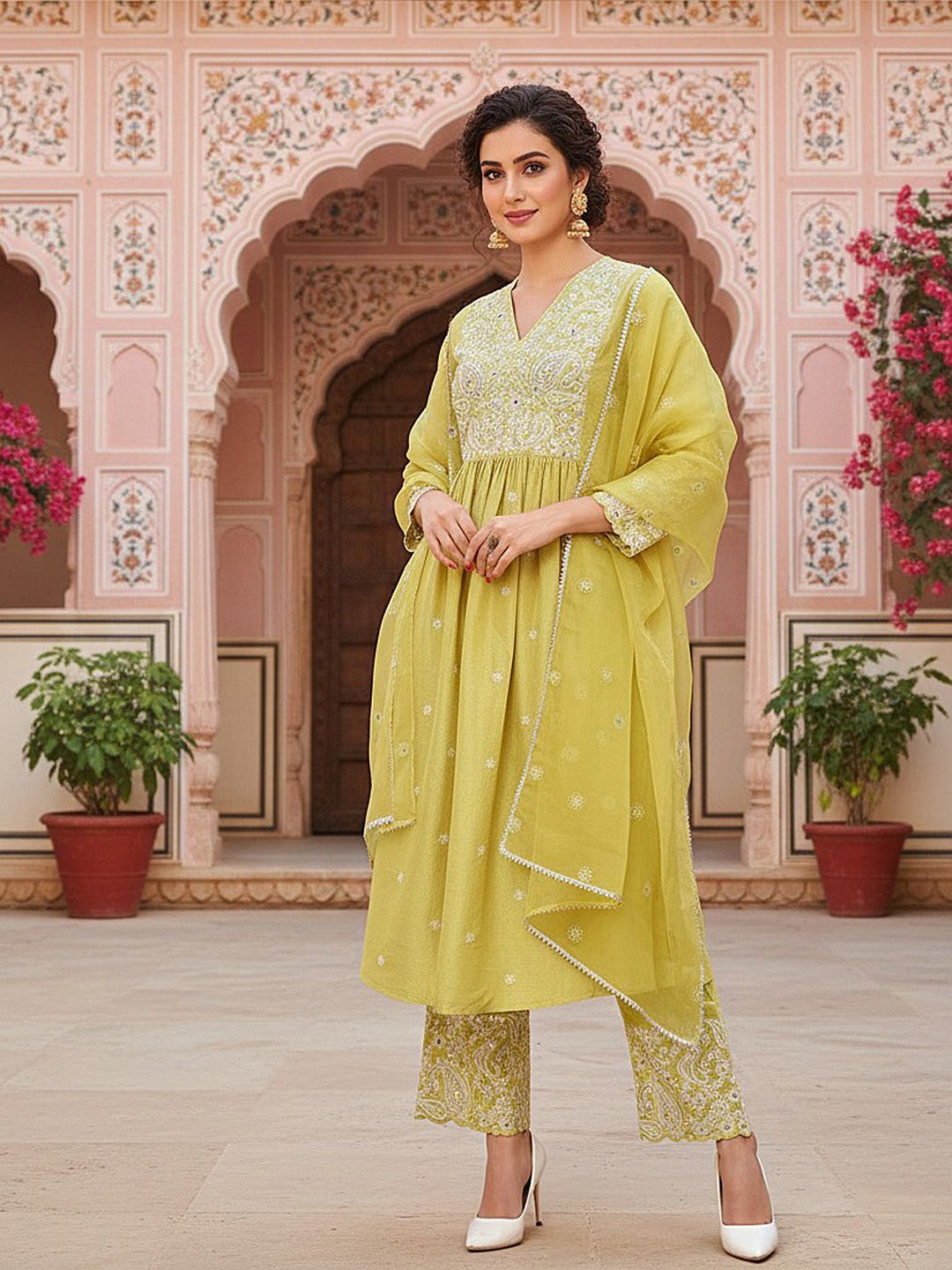 Dhiyona KL Ethnic Motifs Embroidered Pleated Thread Work Kurta with Palazzos & With Dupatta