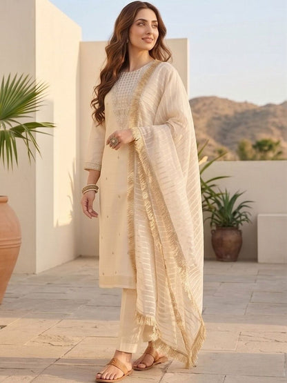Off White Women Ethnic Motifs Embroidered Regular Thread Work Kurta with Trousers & With Dupatta