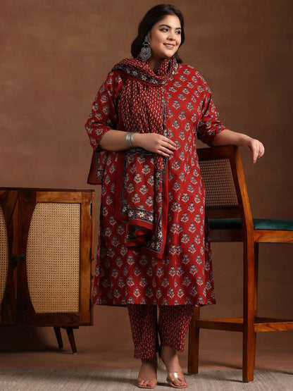 Women's LB Plus Size Rust Printed Cotton Straight Suit With Dupatta