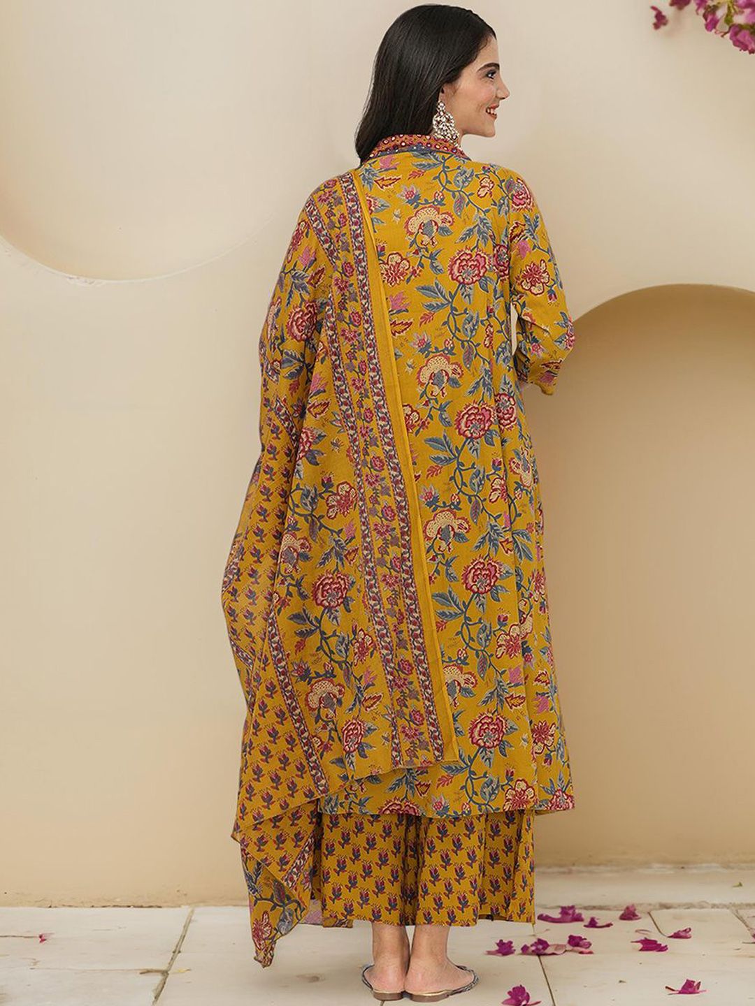Dhiyona IS Women's Floral Printed Pure Cotton A-line Kurta With Trousers & Dupatta