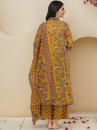 Dhiyona IS Women's Floral Printed Pure Cotton A-line Kurta With Trousers & Dupatta