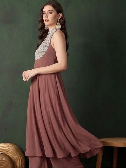 Women Ethnic Motifs Embroidered Regular Thread Work Silk Georgette Kurta with Palazzos
