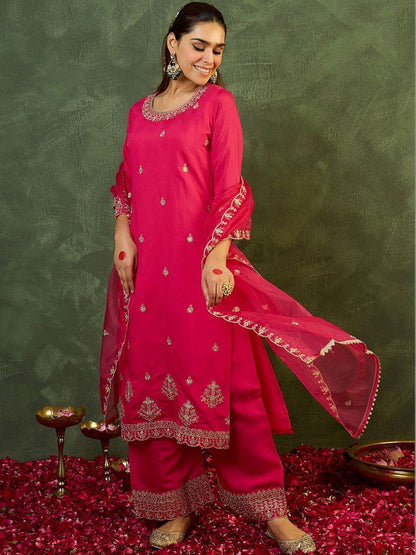 Dhiyona IE Women Ethnic Motifs Embroidered Regular Thread Work Kurta with Palazzos & With Dupatta