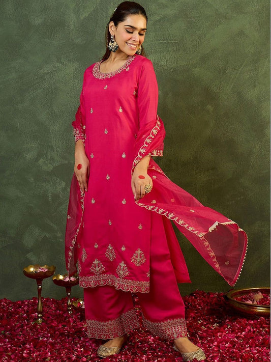 Dhiyona IE Women Ethnic Motifs Embroidered Regular Thread Work Kurta with Palazzos & With Dupatta