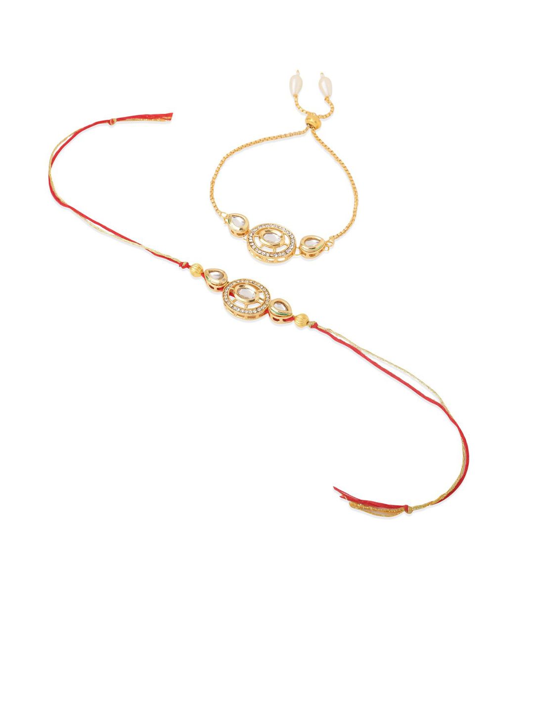 Dhiyona Set Of 2 Gold Toned Kundan Bhaiya Bhabhi Rakhi With Roli Chawal Chandan Mishri