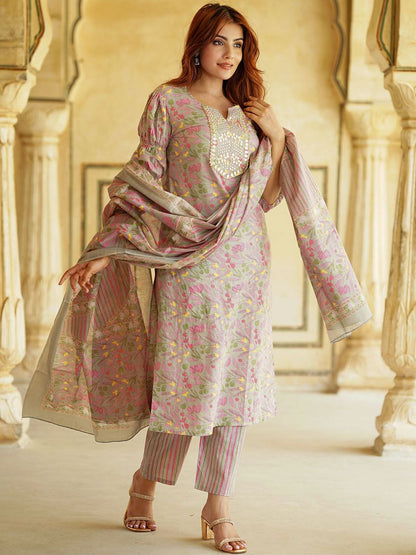 Dhiyona KL Floral Printed Thread Work Pure Cotton Straight Kurta With Trousers & Dupatta